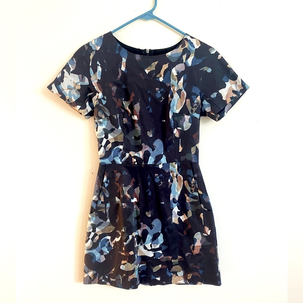 French Connection Blue, Black and Tan Pattered Fit & Flare Dress